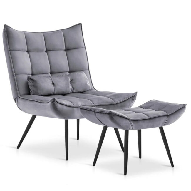Shiny Grey Leatherette Armchair With Footrest & Cushion - Image 2